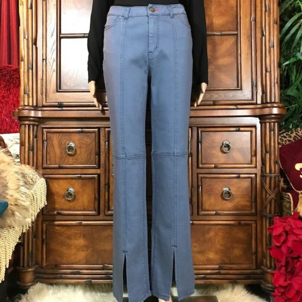 Peace Love World Dusty Blue Front Slit Top Stitch Seamed Stretch Jean